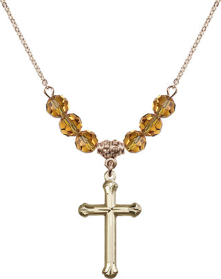 18" Hamilton Gold Plated Necklace with 4mm Topaz Crystal Beads featuring a 14kt Gold Filled Cross Medal. Engraved Catholic Saint Jewelry
