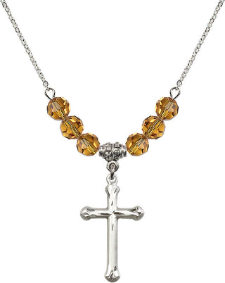 18" Rhodium Plated Necklace with 4mm Topaz Crystal Beads featuring a Sterling Silver Cross Medal. Engraved Catholic Saint Jewelry