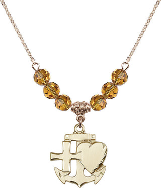 18" Hamilton Gold Plated Necklace with 4mm Topaz Crystal Beads featuring a 14kt Gold Filled Faith, Hope & Charity Medal.
