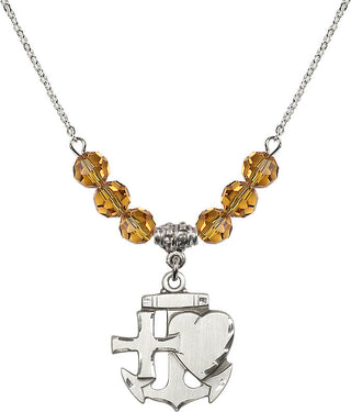 18" Rhodium Plated Necklace with 4mm Topaz Crystal Beads featuring a Sterling Silver Faith, Hope & Charity Medal.