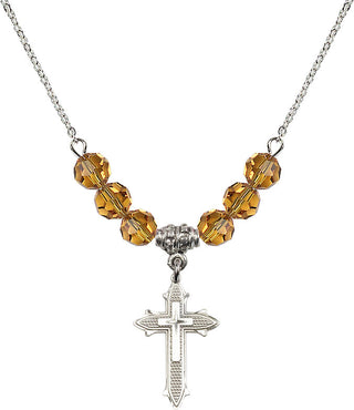 18" Rhodium Plated Necklace with 4mm Topaz Crystal Beads featuring a Sterling Silver Cross on Cross Medal. Engraved Catholic Saint Jewelry