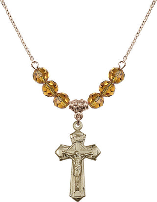 18" Hamilton Gold Plated Necklace with 4mm Topaz Crystal Beads featuring a 14kt Gold Filled Crucifix Medal.