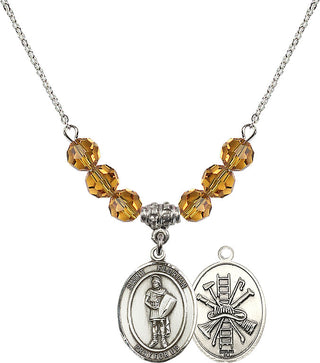 18" Rhodium Plated Necklace with 4mm Topaz Crystal Beads featuring a Sterling Silver Saint Florian/Firefighter Medal.