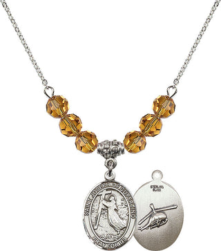 18" Rhodium Plated Necklace with 4mm Topaz Crystal Beads featuring a Sterling Silver Saint Joseph of Cupertino/Heleco Medal.