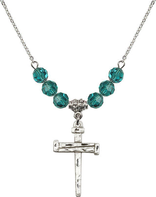 18" Rhodium Plated Necklace with 4mm Zircon Crystal Beads featuring a Sterling Silver Nail Cross Medal.