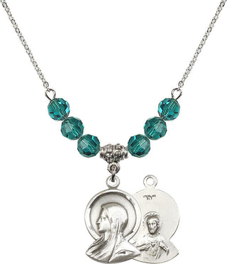 18" Rhodium Plated Necklace with 4mm Zircon Crystal Beads featuring a Sterling Silver Madonna Medal.