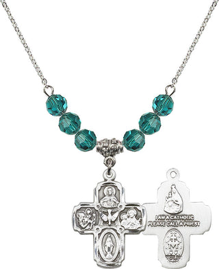 18" Rhodium Plated Necklace with 4mm Zircon Crystal Beads featuring a Sterling Silver 5-Way Medal.