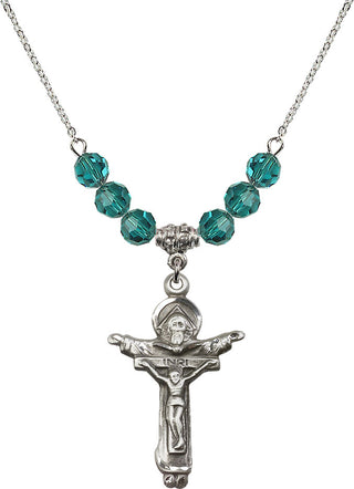 18" Rhodium Plated Necklace with 4mm Zircon Crystal Beads featuring a Sterling Silver Trinity Crucifix Medal.