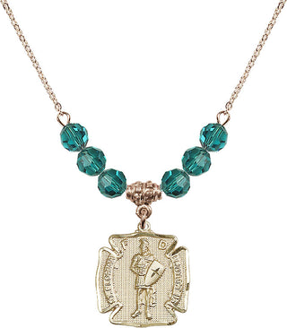 18" Hamilton Gold Plated Necklace with 4mm Zircon Crystal Beads featuring a 14kt Gold Filled Saint Florian Medal. Engraved Catholic Saint Jewelry