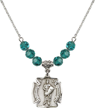 18" Rhodium Plated Necklace with 4mm Zircon Crystal Beads featuring a Sterling Silver Saint Florian Medal. Engraved Catholic Saint Jewelry
