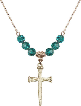 18" Hamilton Gold Plated Necklace with 4mm Zircon Crystal Beads featuring a 14kt Gold Filled Nail Cross Medal.
