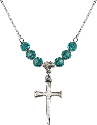 18" Rhodium Plated Necklace with 4mm Zircon Crystal Beads featuring a Sterling Silver Nail Cross Medal.