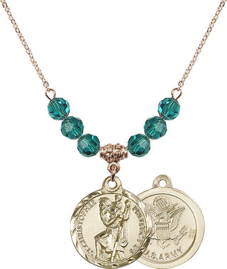 18" Hamilton Gold Plated Necklace with 4mm Zircon Crystal Beads featuring a 14kt Gold Filled Saint Christopher / Army Medal.