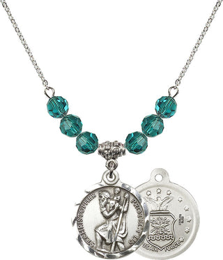 18" Rhodium Plated Necklace with 4mm Zircon Crystal Beads featuring a Sterling Silver Saint Christopher / Air Force Medal.