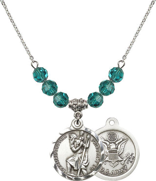 18" Rhodium Plated Necklace with 4mm Zircon Crystal Beads featuring a Sterling Silver Saint Christopher / Army Medal.