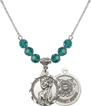 18" Rhodium Plated Necklace with 4mm Zircon Crystal Beads featuring a Sterling Silver Saint Christopher / Coast Guard Medal.