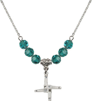 18" Rhodium Plated Necklace with 4mm Zircon Crystal Beads featuring a Sterling Silver Saint Brigid Cross Medal.