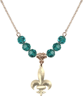18" Hamilton Gold Plated Necklace with 4mm Zircon Crystal Beads featuring a 14kt Gold Filled Fleur de Lis Medal.