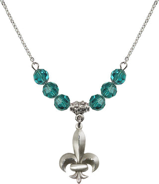 18" Rhodium Plated Necklace with 4mm Zircon Crystal Beads featuring a Sterling Silver Fleur de Lis Medal.