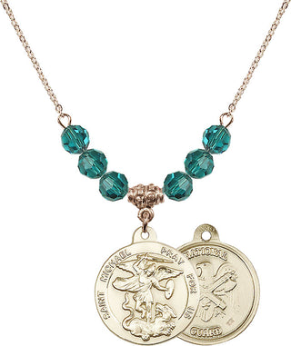 18" Hamilton Gold Plated Necklace with 4mm Zircon Crystal Beads featuring a 14kt Gold Filled Saint Michael / Nat'l Guard Medal.