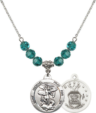 18" Rhodium Plated Necklace with 4mm Zircon Crystal Beads featuring a Sterling Silver Saint Michael / Air Force Medal.
