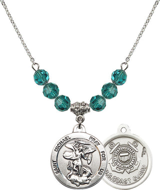 18" Rhodium Plated Necklace with 4mm Zircon Crystal Beads featuring a Sterling Silver Saint Michael / Coast Guard Medal.