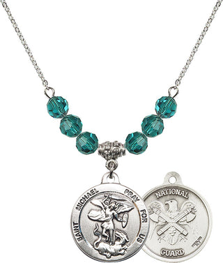 18" Rhodium Plated Necklace with 4mm Zircon Crystal Beads featuring a Sterling Silver Saint Michael / Nat'l Guard Medal.