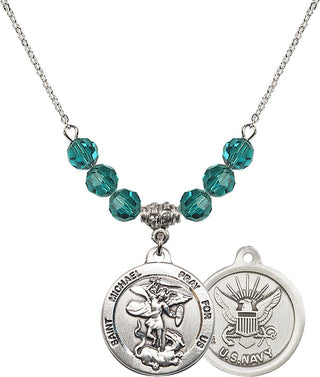 18" Rhodium Plated Necklace with 4mm Zircon Crystal Beads featuring a Sterling Silver Saint Michael / Navy Medal.