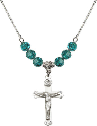 18" Rhodium Plated Necklace with 4mm Zircon Crystal Beads featuring a Sterling Silver Crucifix Medal.