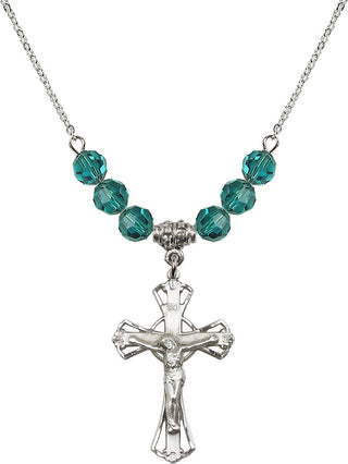 18" Rhodium Plated Necklace with 4mm Zircon Crystal Beads featuring a Sterling Silver Crucifix Medal.