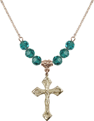 18" Hamilton Gold Plated Necklace with 4mm Zircon Crystal Beads featuring a 14kt Gold Filled Crucifix Medal.