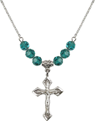 18" Rhodium Plated Necklace with 4mm Zircon Crystal Beads featuring a Sterling Silver Crucifix Medal.