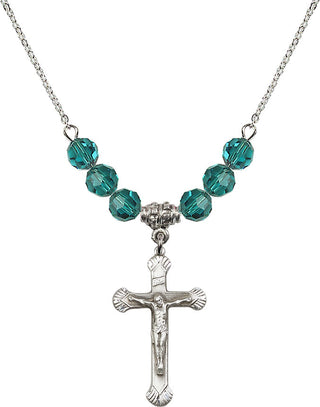 18" Rhodium Plated Necklace with 4mm Zircon Crystal Beads featuring a Sterling Silver Crucifix Medal.