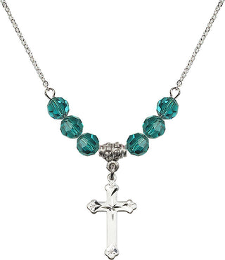 18" Rhodium Plated Necklace with 4mm Zircon Crystal Beads featuring a Sterling Silver Cross Medal.