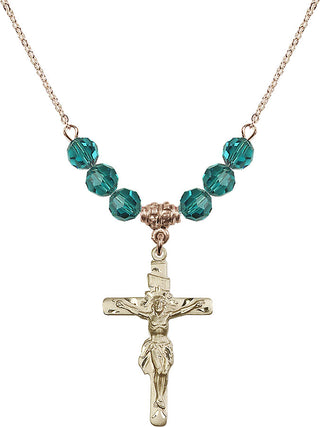 18" Hamilton Gold Plated Necklace with 4mm Zircon Crystal Beads featuring a 14kt Gold Filled Crucifix Medal.