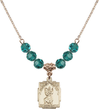 18" Hamilton Gold Plated Necklace with 4mm Zircon Crystal Beads featuring a 14kt Gold Filled Saint Christopher Medal. Engraved Catholic Saint Jewelry