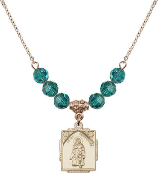18" Hamilton Gold Plated Necklace with 4mm Zircon Crystal Beads featuring a 14kt Gold Filled Saint Peregrine Medal. Engraved Catholic Saint Jewelry