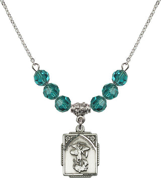 18" Rhodium Plated Necklace with 4mm Zircon Crystal Beads featuring a Sterling Silver Saint Michael the Archangel Medal. Engraved Catholic Saint Jewelry