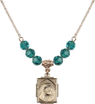 18" Hamilton Gold Plated Necklace with 4mm Zircon Crystal Beads featuring a 14kt Gold Filled Saint Teresa of Calcutta Medal. Engraved Catholic Saint Jewelry