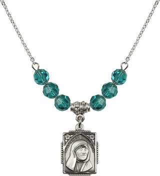 18" Rhodium Plated Necklace with 4mm Zircon Crystal Beads featuring a Sterling Silver Saint Teresa of Calcutta Medal. Engraved Catholic Saint Jewelry