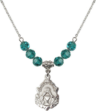 18" Rhodium Plated Necklace with 4mm Zircon Crystal Beads featuring a Sterling Silver Mother of a Priest Medal. Engraved Catholic Saint Jewelry