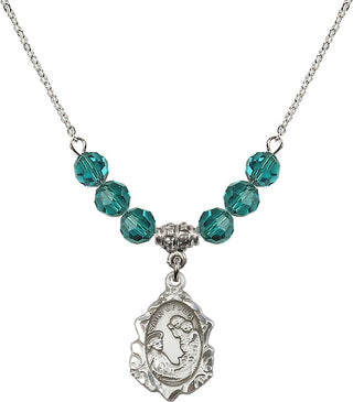 18" Rhodium Plated Necklace with 4mm Zircon Crystal Beads featuring a Sterling Silver Saint Cecilia Medal. Engraved Catholic Saint Jewelry