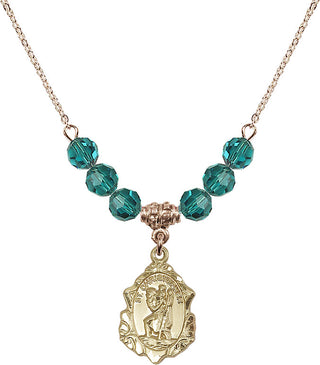18" Hamilton Gold Plated Necklace with 4mm Zircon Crystal Beads featuring a 14kt Gold Filled Saint Christopher Medal. Engraved Catholic Saint Jewelry
