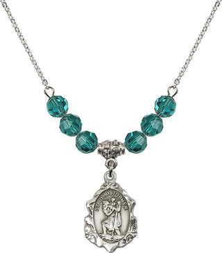 18" Rhodium Plated Necklace with 4mm Zircon Crystal Beads featuring a Sterling Silver Saint Christopher Medal. Engraved Catholic Saint Jewelry