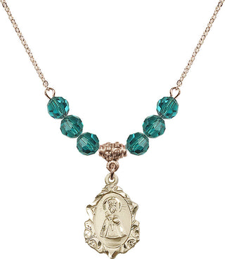 18" Hamilton Gold Plated Necklace with 4mm Zircon Crystal Beads featuring a 14kt Gold Filled Infant of Prague Medal. Engraved Catholic Saint Jewelry