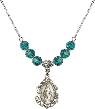 18" Rhodium Plated Necklace with 4mm Zircon Crystal Beads featuring a Sterling Silver Miraculous Medal. Engraved Catholic Saint Jewelry