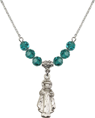 18" Rhodium Plated Necklace with 4mm Zircon Crystal Beads featuring a Sterling Silver Infant of Prague Medal.