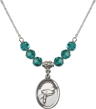18" Rhodium Plated Necklace with 4mm Zircon Crystal Beads featuring a Sterling Silver Graduation Medal.