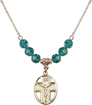 18" Hamilton Gold Plated Necklace with 4mm Zircon Crystal Beads featuring a 14kt Gold Filled Crucifix Medal.