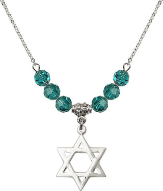 18" Rhodium Plated Necklace with 4mm Zircon Crystal Beads featuring a Sterling Silver Star of David Medal.
